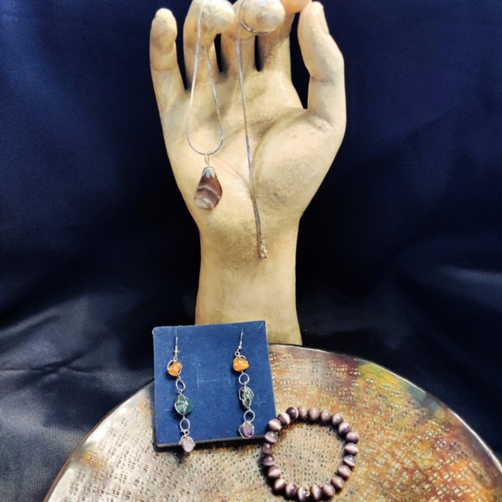Handmade Amethyst, Orange, Dark Green Gemstones Earrings, Necklace, Bracelet Set